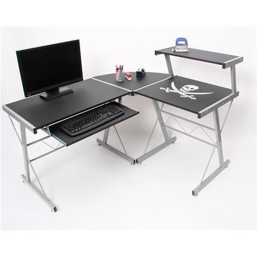 Computertafel in hout en aluminium EASY LINE, Heel Ruim, Piratenmotief, Kleur Zwart  140x115x72cm