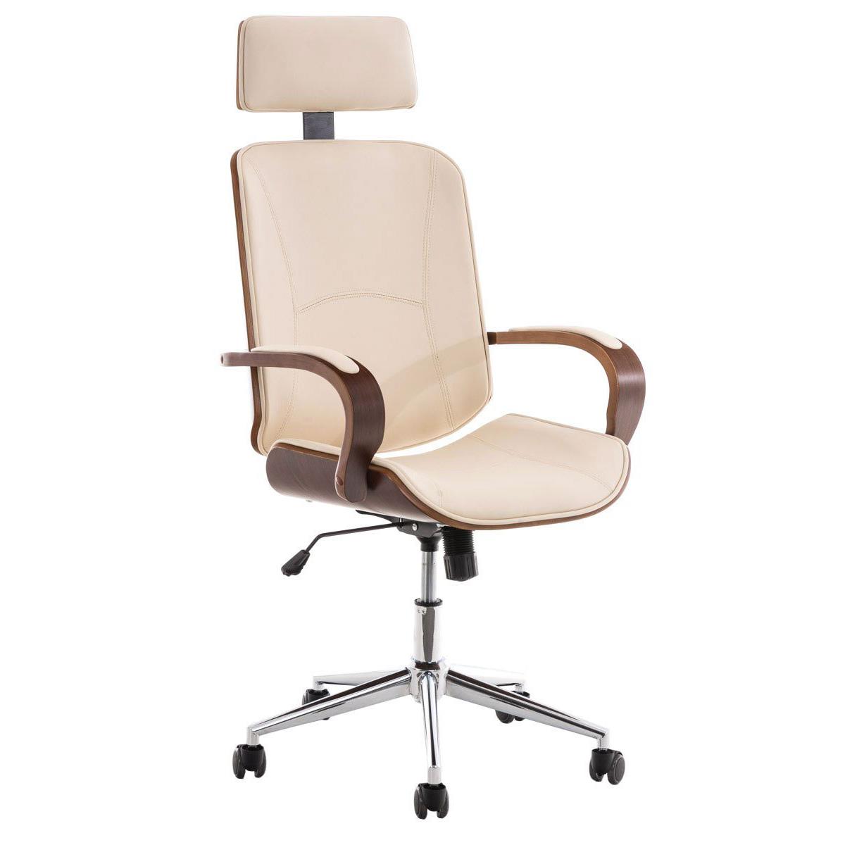 Bureaustoel JUTTA met Hout in de Kleur Walnoot en Beige Lederen Bekleding Bureaustoelpro.nl