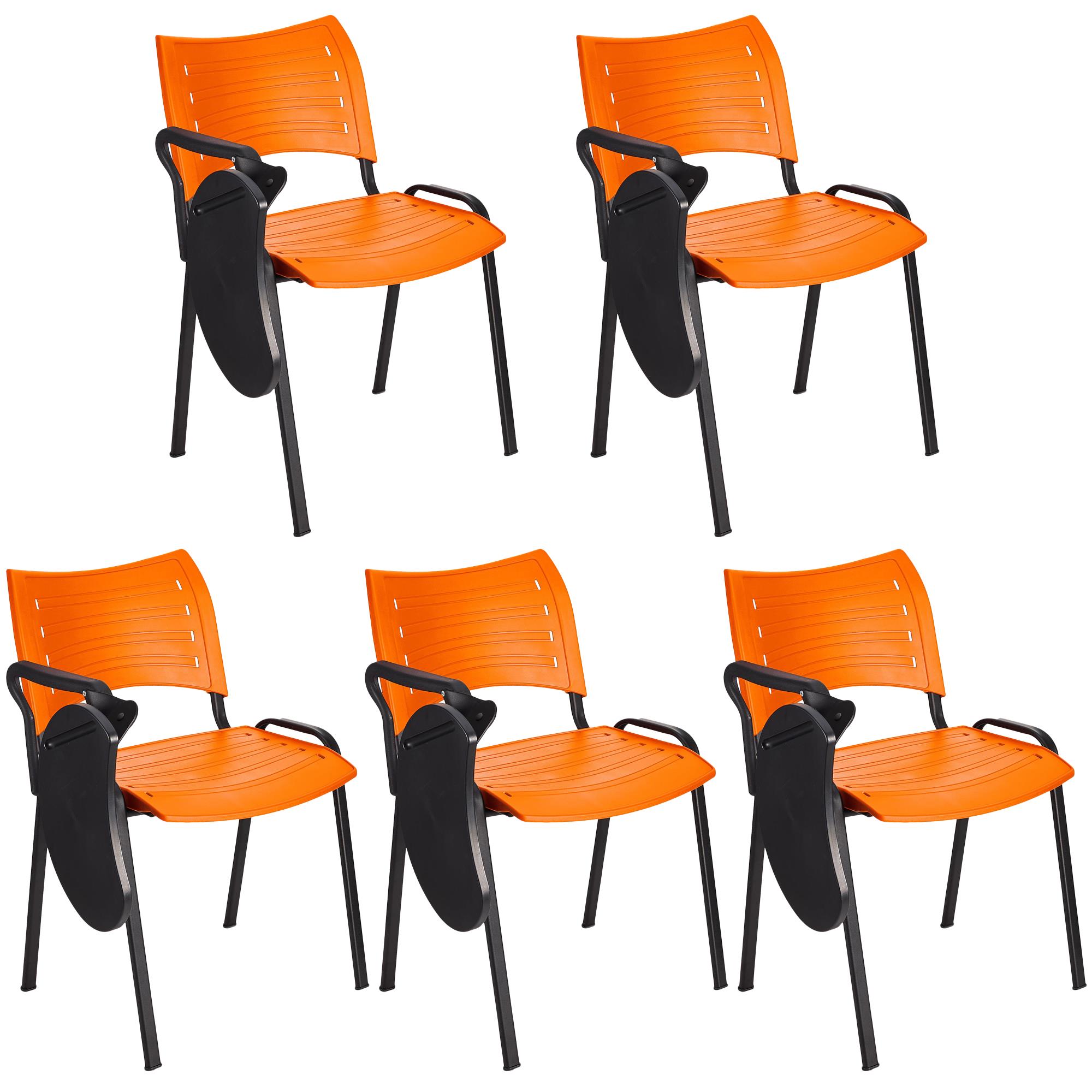 Set van 5 vergaderstoelen ELVA met Klaptafeltje, Stapelbaar en Praktisch, Zwarte Poten en Kleur Oranje