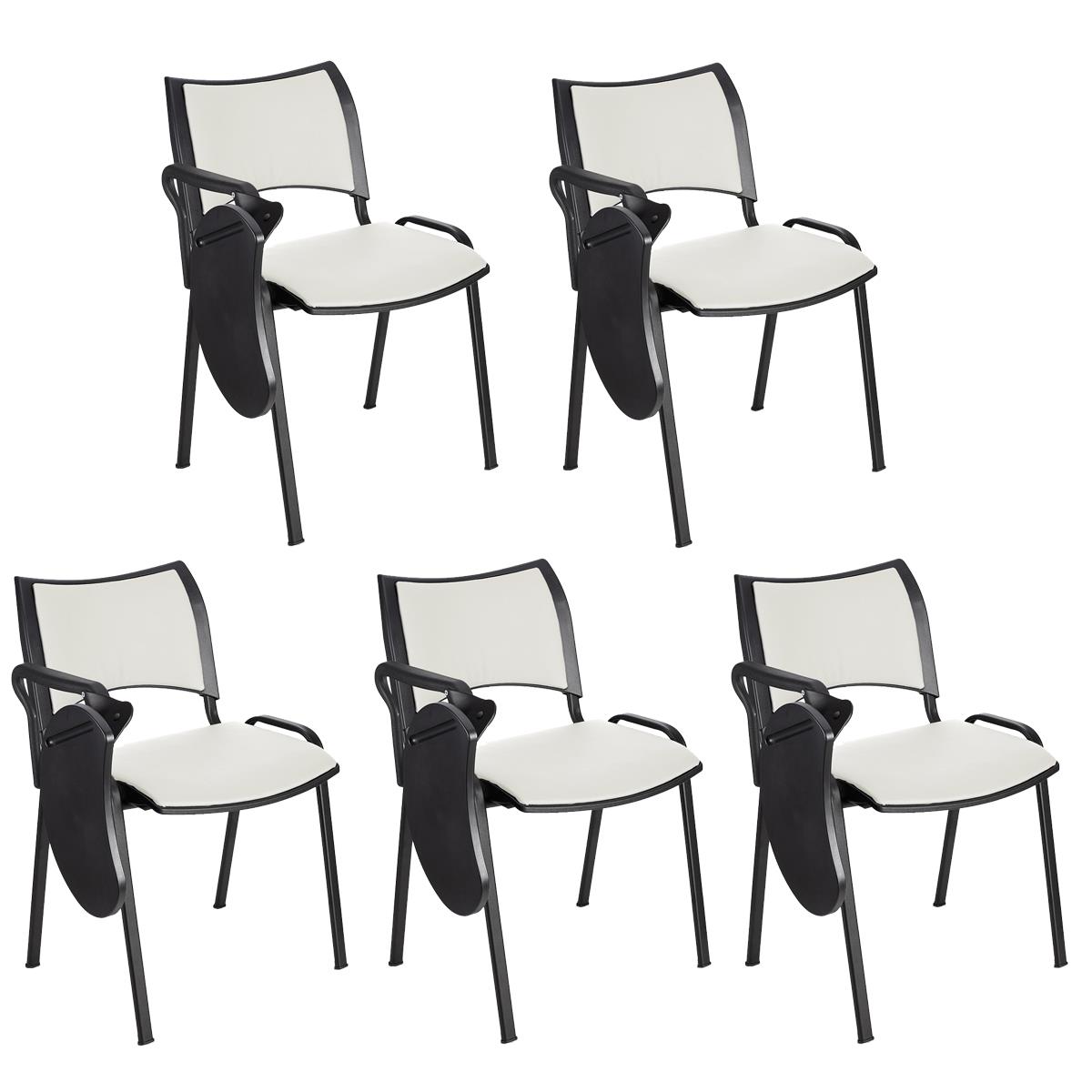 Set van 5 Vergaderstoelen ROMEL LEDER MET KLAPTAFELTJE, Comfortabele Zitting, Stapelbaar, Zwarte Poten, Wit