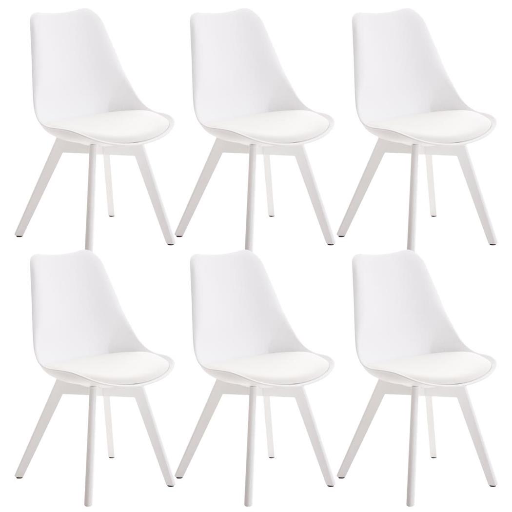 SET van 6 LOREN Stoelen, Kunststof Zitschaal met Witte Poten, Wit Leder