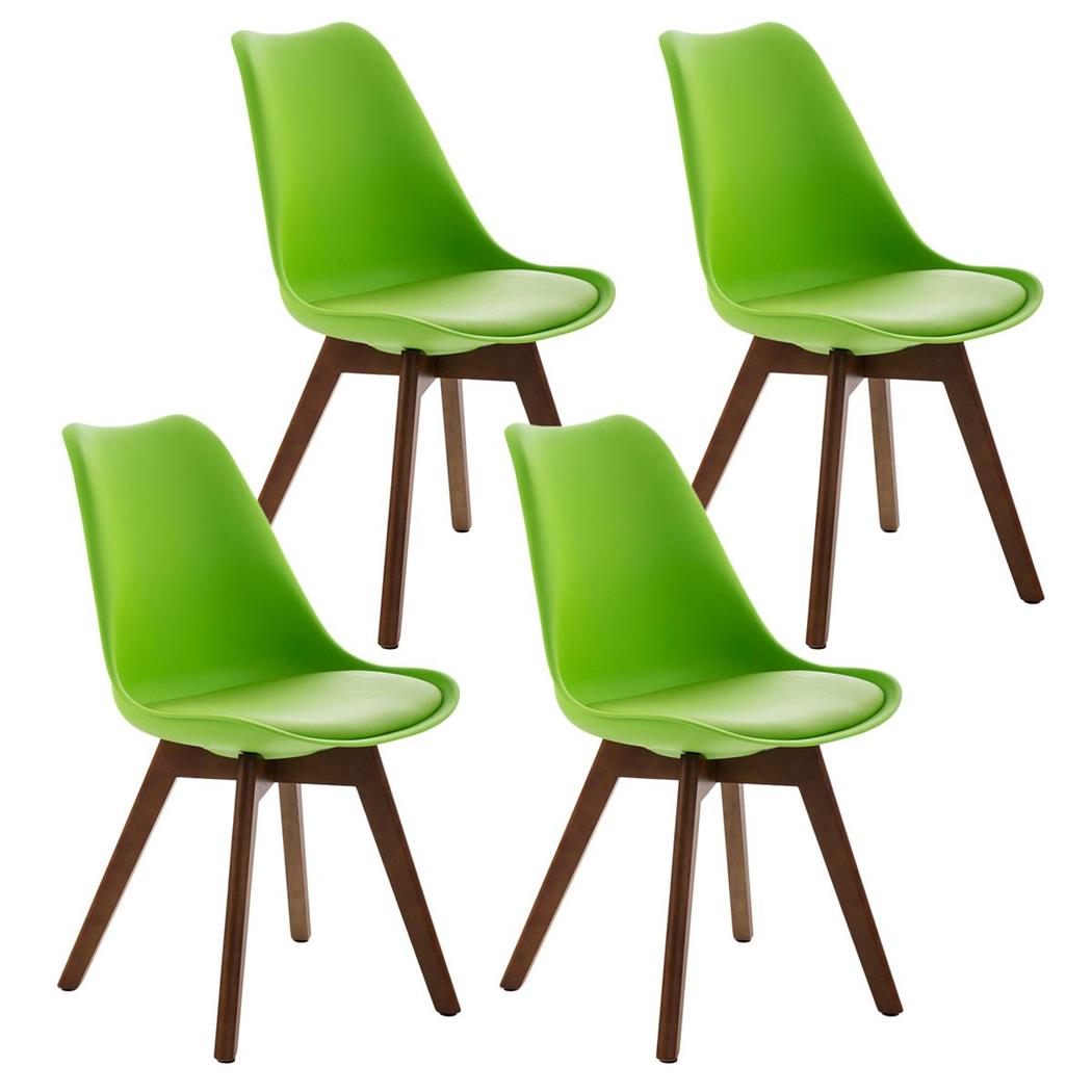 SET van 4 LOREN Stoelen, Kunststof Zitschaal met Walnoothouten Poten, Groen Leder