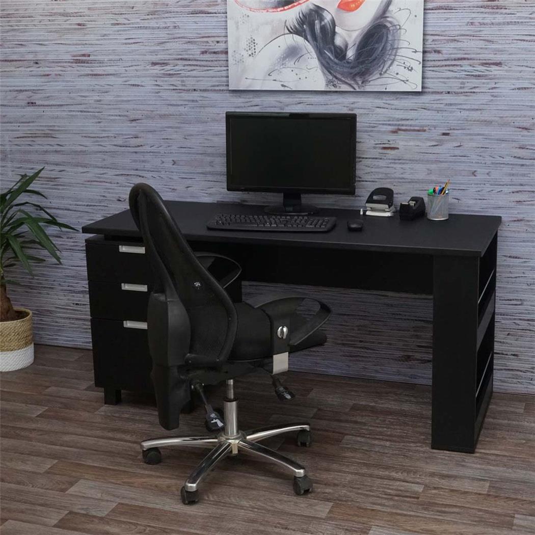 Computerbureau MUNICH, 150x60x74 cm, met Lades en opbergvakken, in Zwart Hout