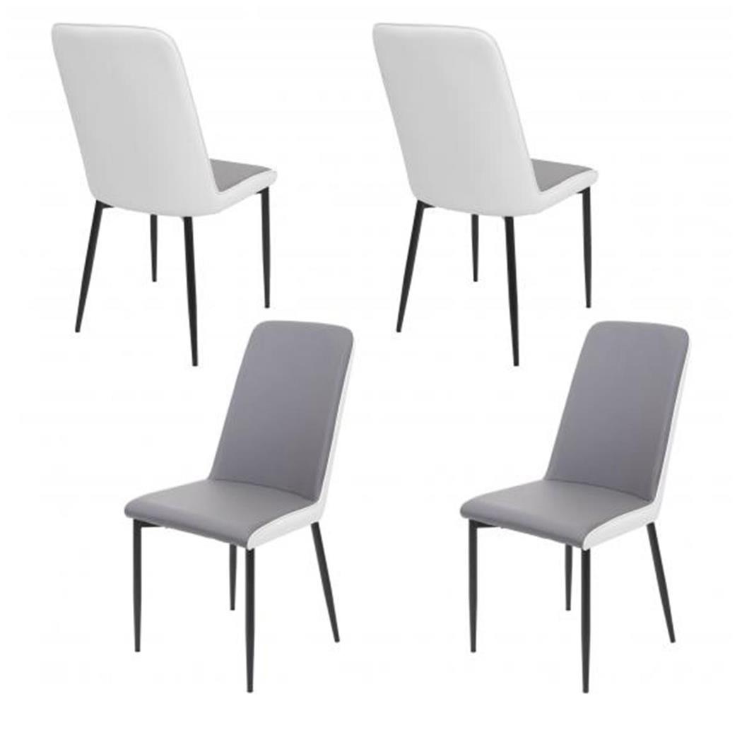 Set van 4 Eetkamerstoelen OSAKA, Zwarte Metalen Poten, Grijs/Wit Leder