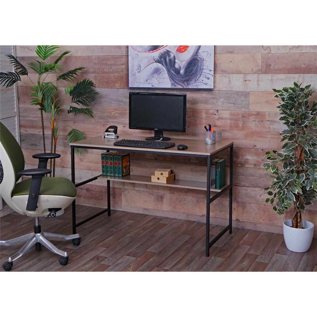 Bureau EVOKE, 120x60x78 cm, met Opbergplank In MDF en Metaal, Grijs-Bruine Houtkleur