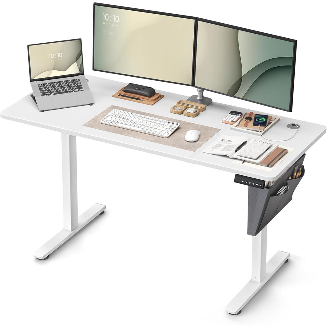 Zit-Sta Bureau COHEN, 140 x 60 x 72-120 cm, Geheugenfunctie 4 Hoogtes, Wit Blad en Wit Frame