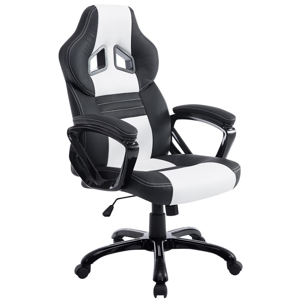 Gaming Bureaustoel LECLERC, Kantelmechanisme, Sportief Ontwerp, in Wit/Zwart Leder