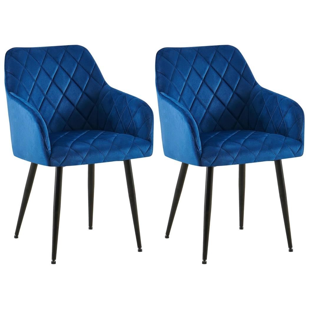 Set van 2 Eetkamerstoelen JENNY FLUWEEL, Comfortabel en Stabiel met Metalen Poten, Bekleed met Blauwe Stof