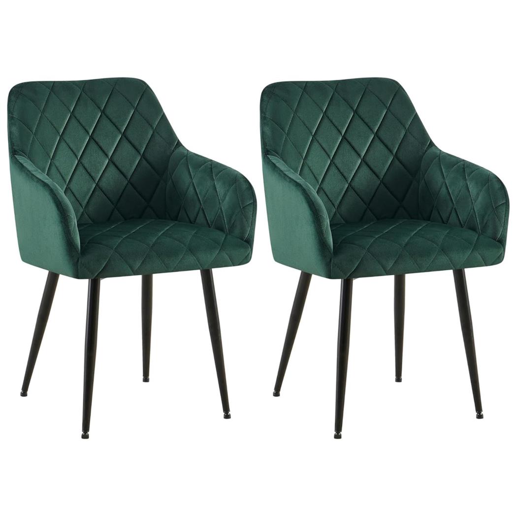 Set van 2 Eetkamerstoelen JENNY FLUWEEL, Comfortabel en Stabiel met Gouden Poten, Bekleed met Groene Stof