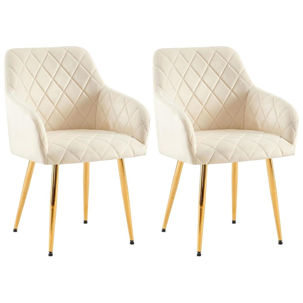 Set van 2 Eetkamerstoelen JENNY FLUWEEL, Comfortabel en Stabiel met Gouden Poten, Bekleed met Beige Stof