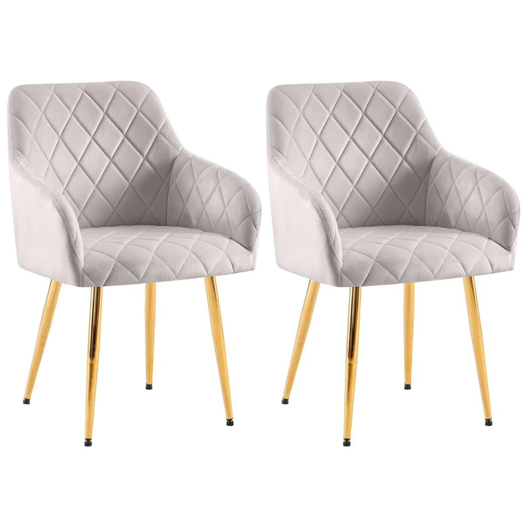 Set van 2 Eetkamerstoelen JENNY FLUWEEL, Comfortabel en Stabiel met Gouden Poten, Bekleed met Lichtgrijze Stof