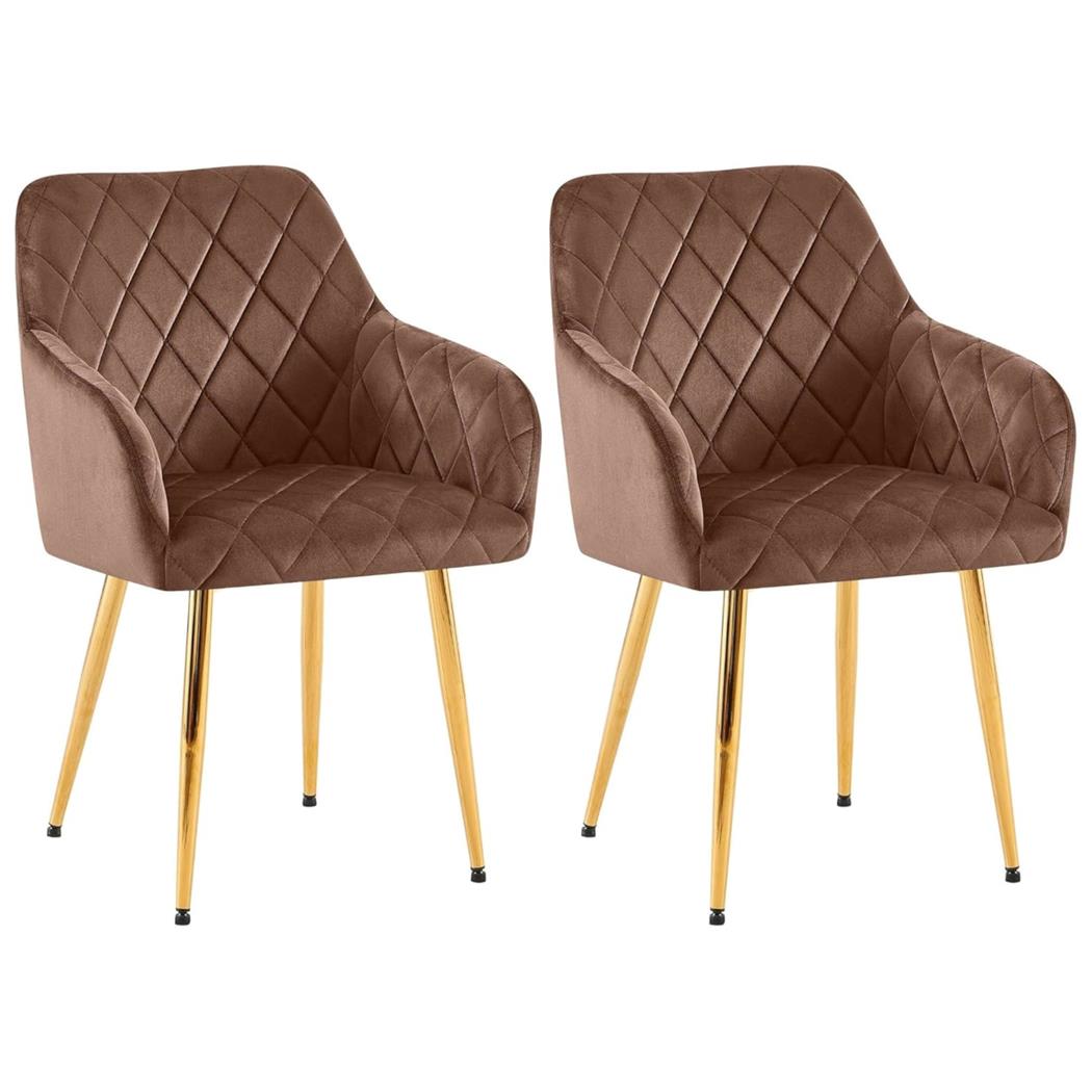 Set van 2 Eetkamerstoelen JENNY FLUWEEL, Comfortabel en Stabiel met Gouden Poten, Bekleed met Bruine Stof