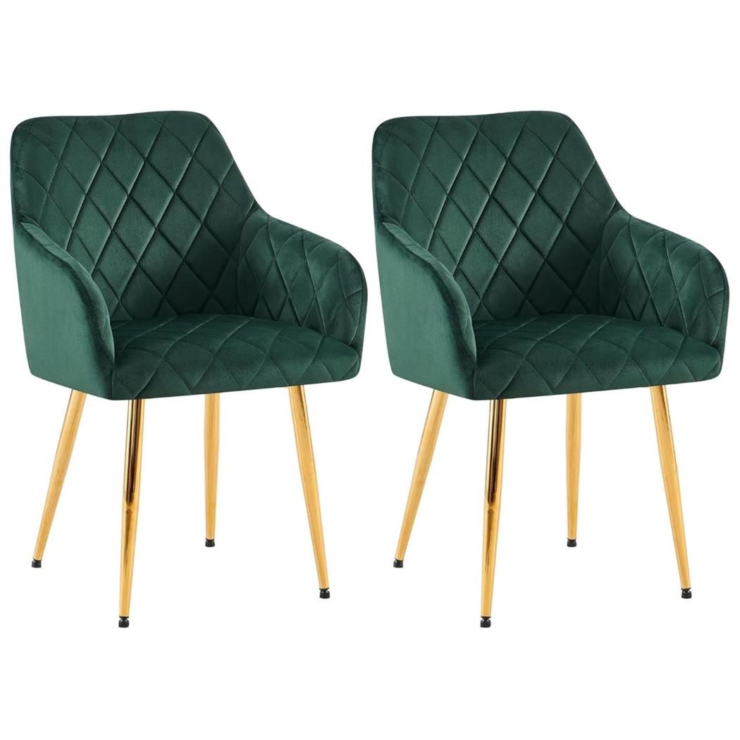 Set van 2 Eetkamerstoelen JENNY FLUWEEL, Comfortabel en Stabiel met Gouden Poten, Bekleed met Groene Stof