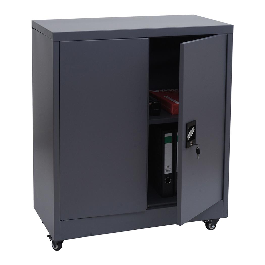 Metalen Kast BRENTON 2 Deuren, Vergrendelbare Wieltjes, 98x80x40cm, in Staal, Donkergrijze Kleur