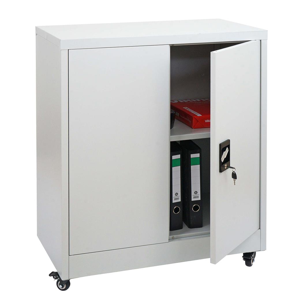 Metalen Kast BRENTON 2 Deuren, Vergrendelbare Wieltjes, 98x80x40cm, in Staal, Lichtgrijze Kleur