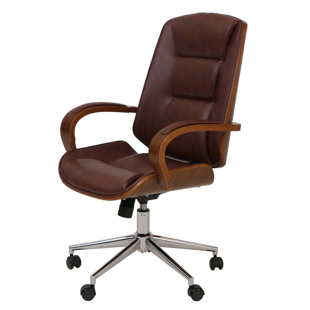 Bureaustoel CLARIN, Dikke Vulling, Elegant Ontwerp met Hout en Lederen Bekleding in de kleur Bruin