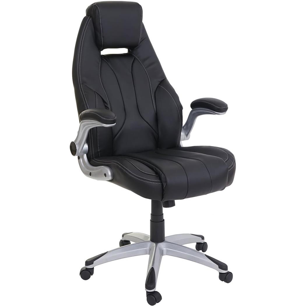 Bureaustoel BOBI, Dikke Vulling, Opklapbare Armleuningen, in Zwart Leder