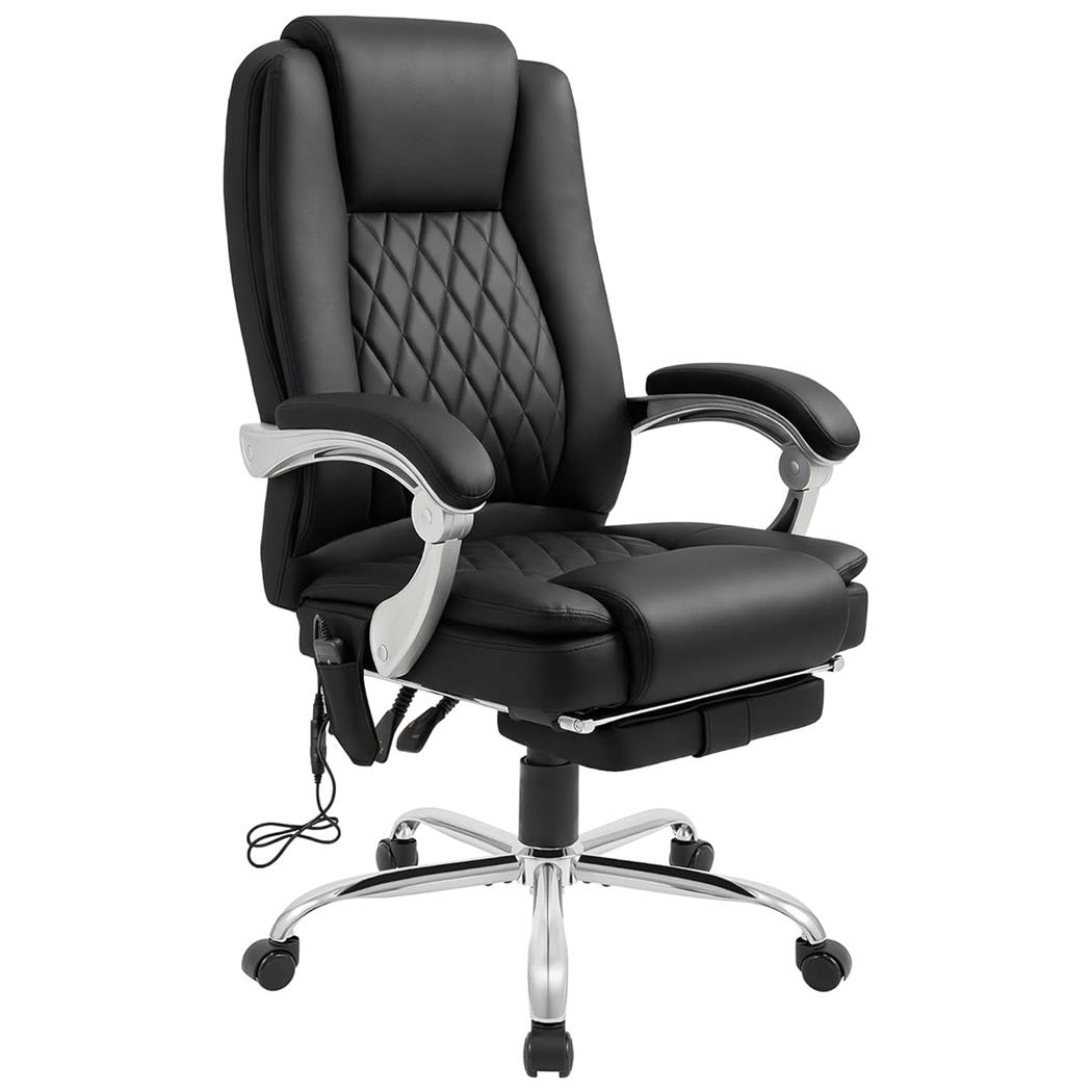 Directiestoel CABUYA, Massage- en Warmtefunctie, Uitschuifbare Voetensteun, in Zwart Leder