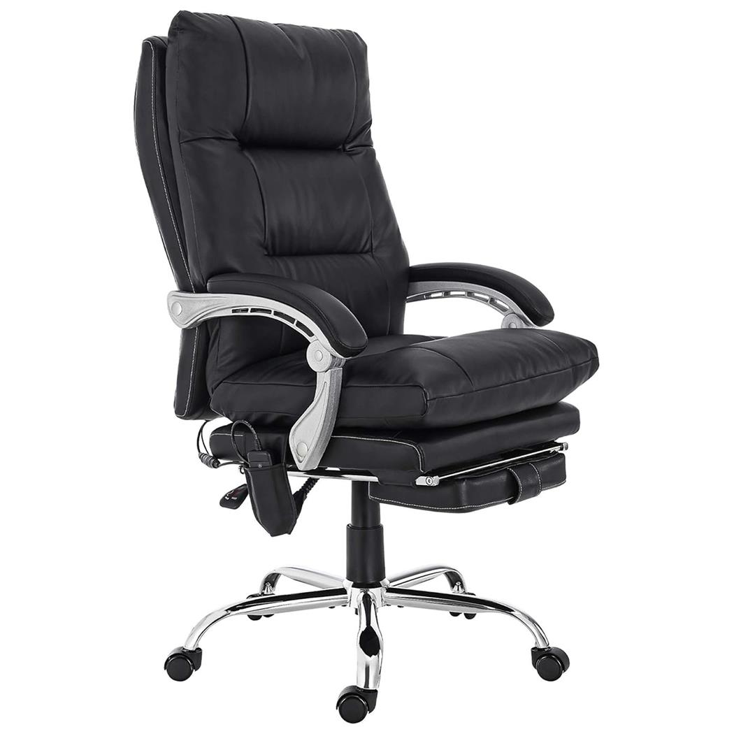 Directiestoel SARMI, Massage- en Warmtefunctie, Uitschuifbare Voetensteun, in Zwart Leder