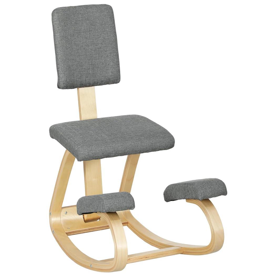 Ergonomische Kniestoel MOLTY, Gewatteerde Rugleuning, Houten Structuur, Grijze Stof