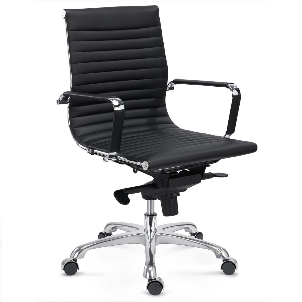 Bureaustoel DORIS, Verchroomd Metalen Frame, Elegante Afwerking, Middelhoge Rugleuning, Zwart Lederen Bekleding