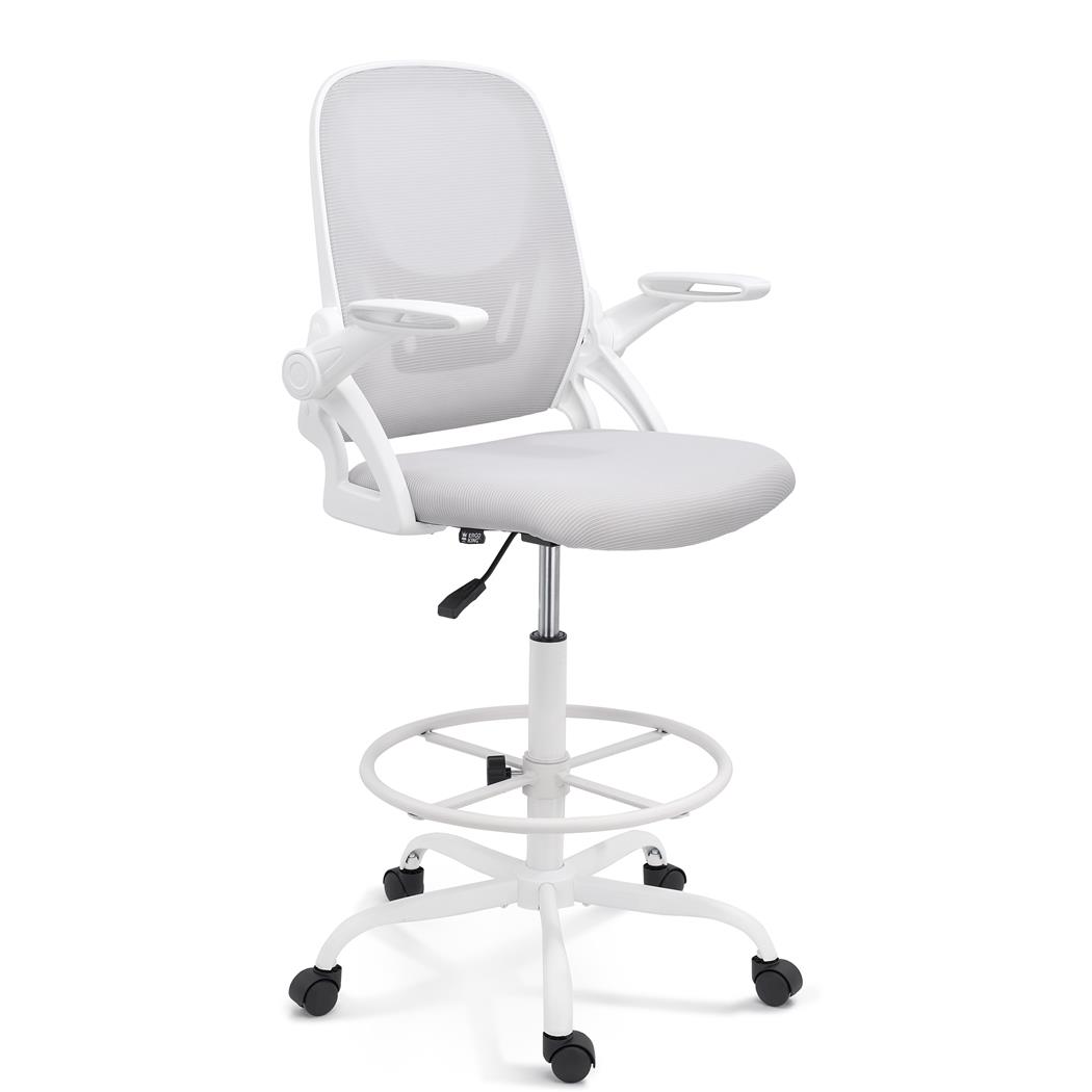 Werkstoel GEAR, Opklapbare Armleuningen, Verstelbare Voetsteun, Wit Frame, Grijs