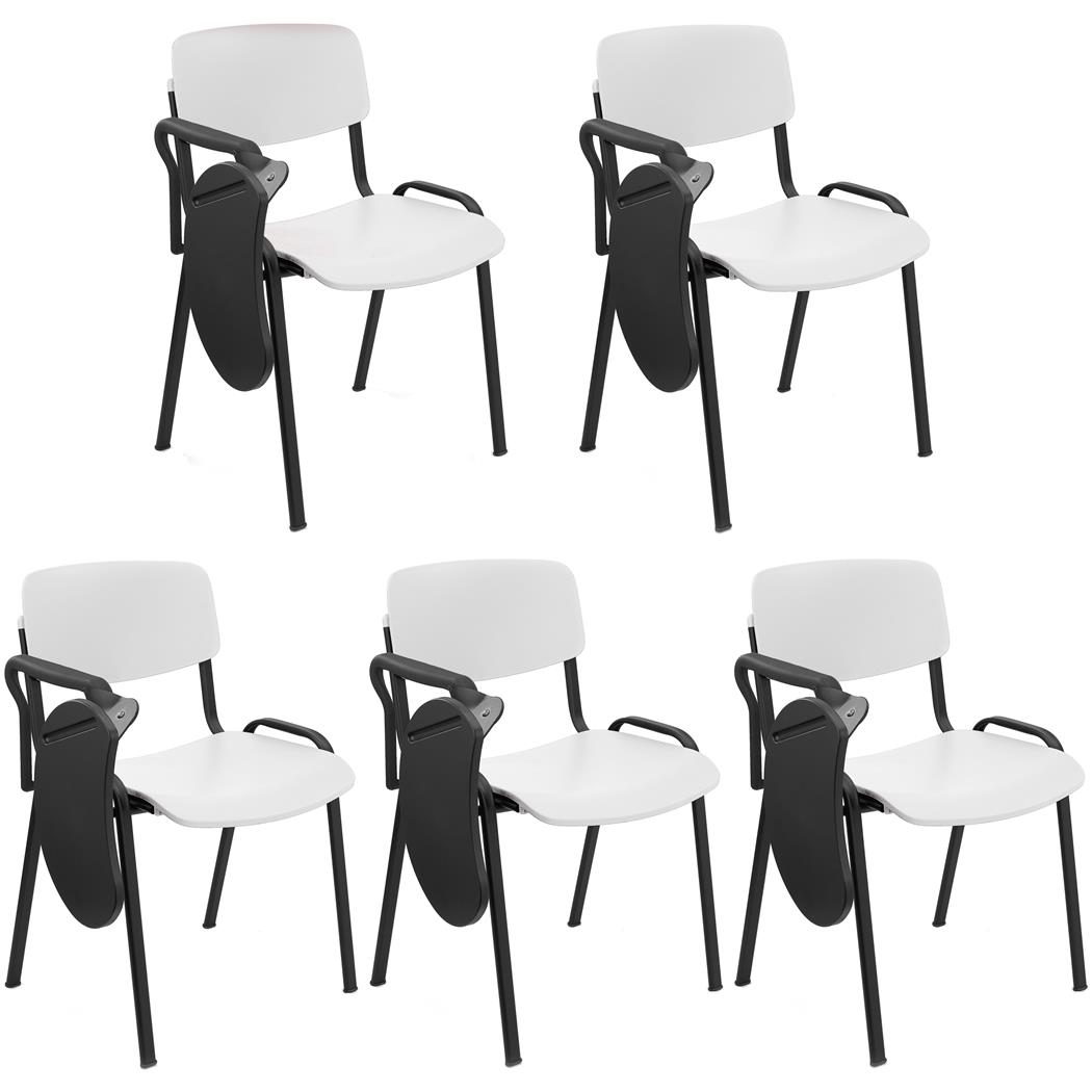 Set van 5 MILKY Bezoekersstoelen MET TABLET, Elegant en Veelzijdig, Stapelbaar, Zwarte Poten, Wit