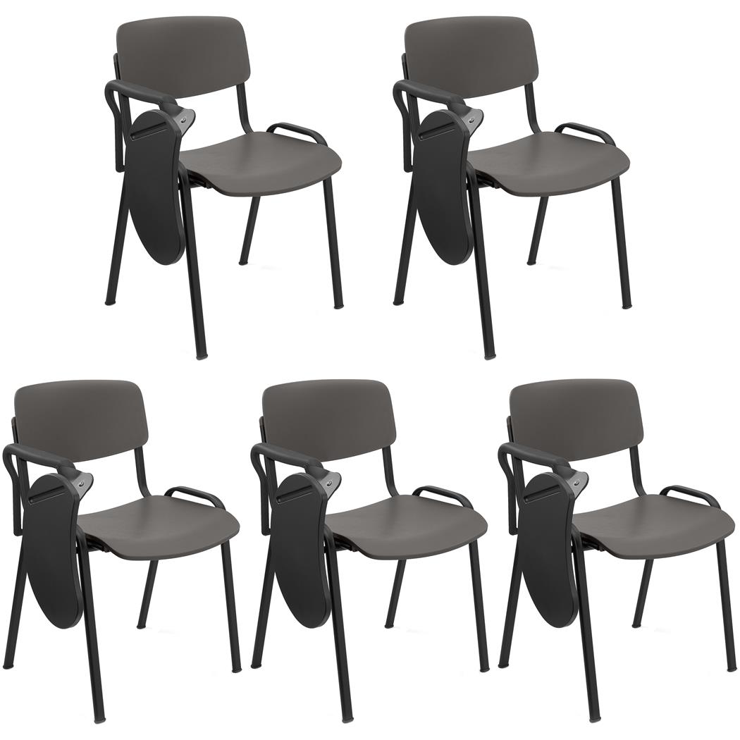 Set van 5 MILKY Bezoekersstoelen MET TABLET, Elegant en Veelzijdig, Stapelbaar, Zwarte Poten, Grijs