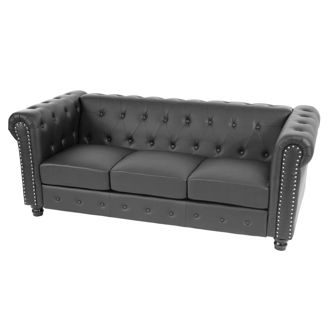 3-zitsbank, CHESTER klassiek en elegant design, leder, Ronde poten, Zwarte kleur