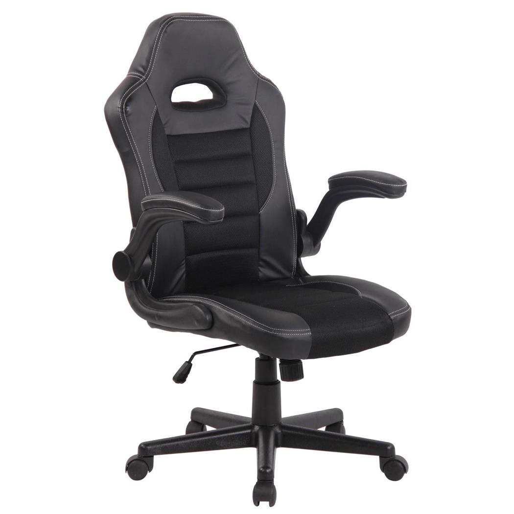 Gaming Bureaustoel LOTUS, Inklapbare armleuningen, Bekleed met leder en ademende stof in de kleur Zwart