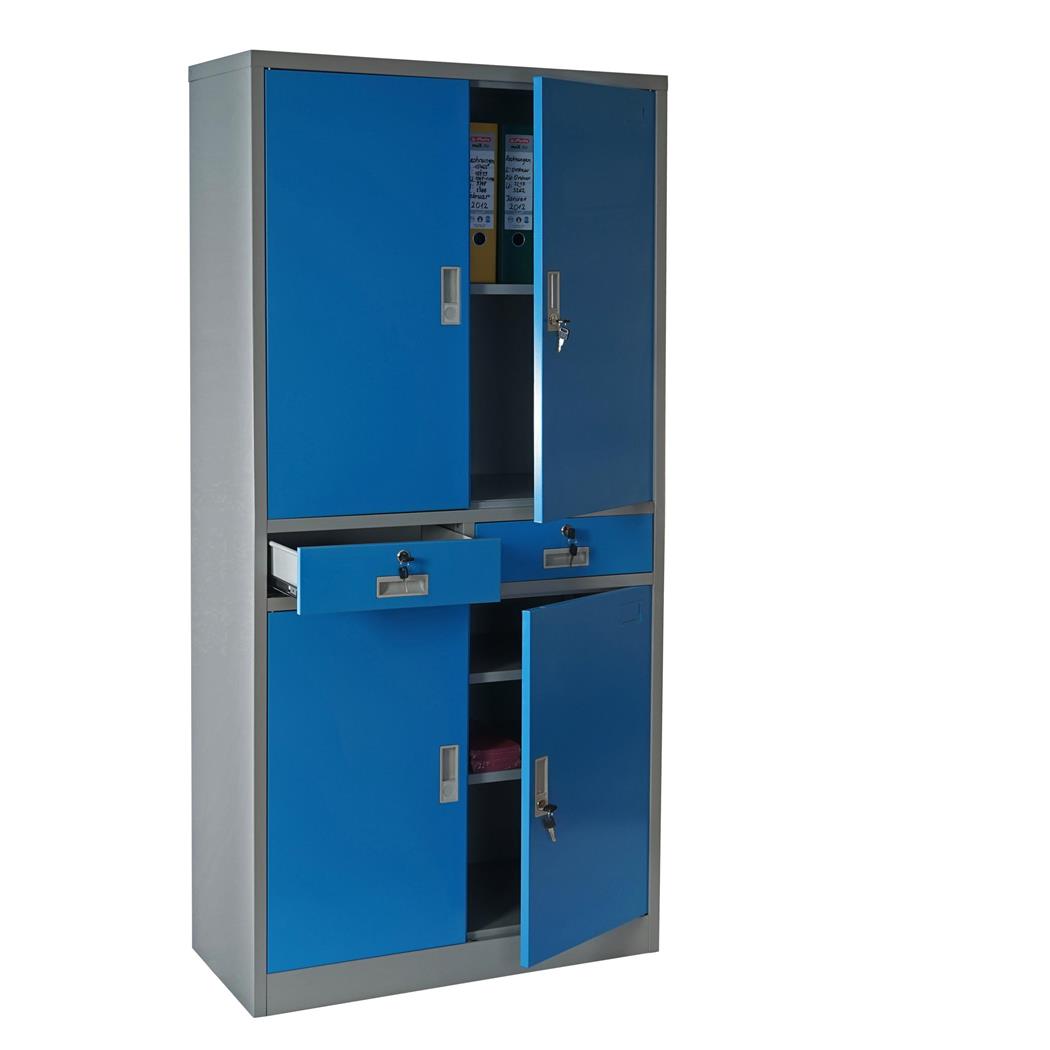 Metalen Archiefkast EDITH, 4 Draaideuren en 2 Lades, 180x85x40 cm,  in Staal, Kleur Blauw