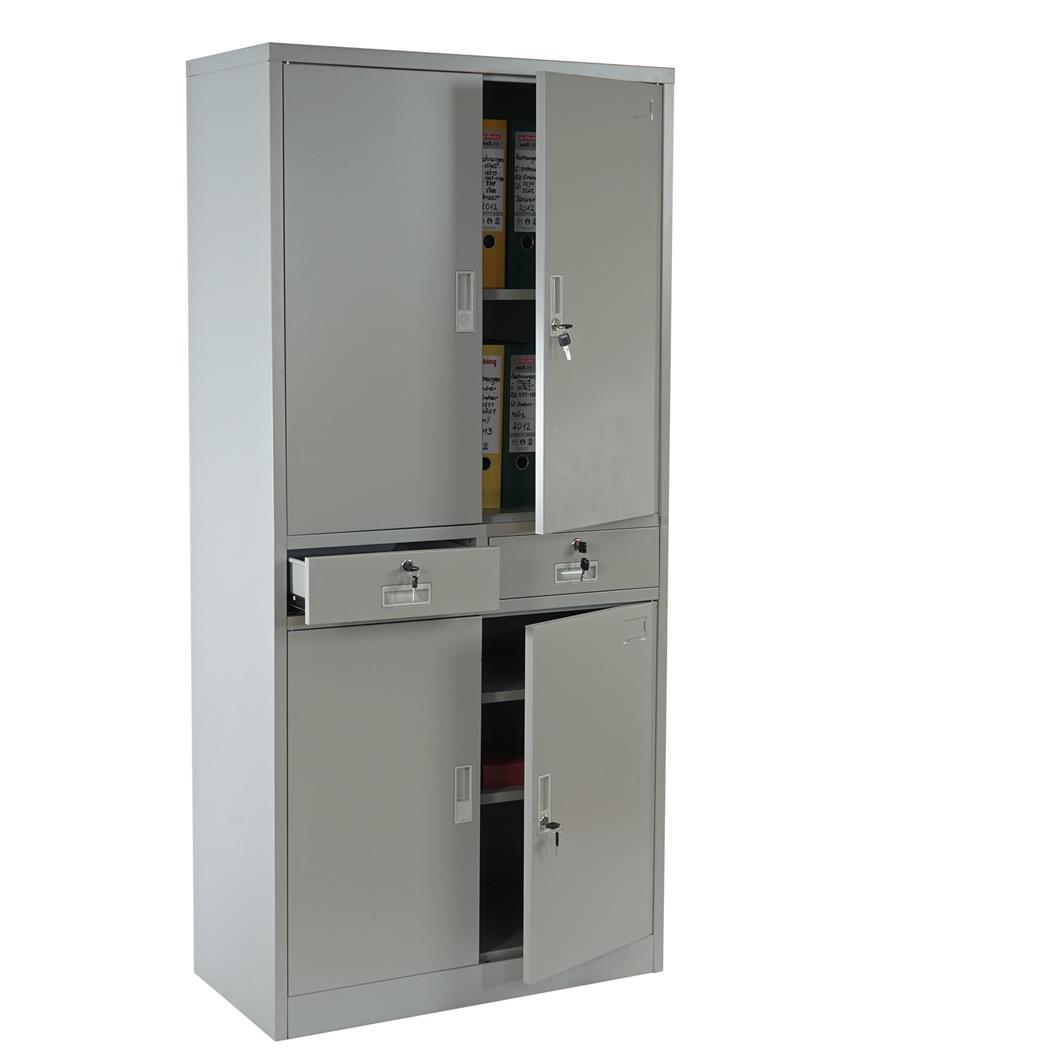 Metalen Archiefkast EDITH, 4 Draaideuren en 2 Lades, 180x85x40 cm,  in Staal, Kleur Grijs