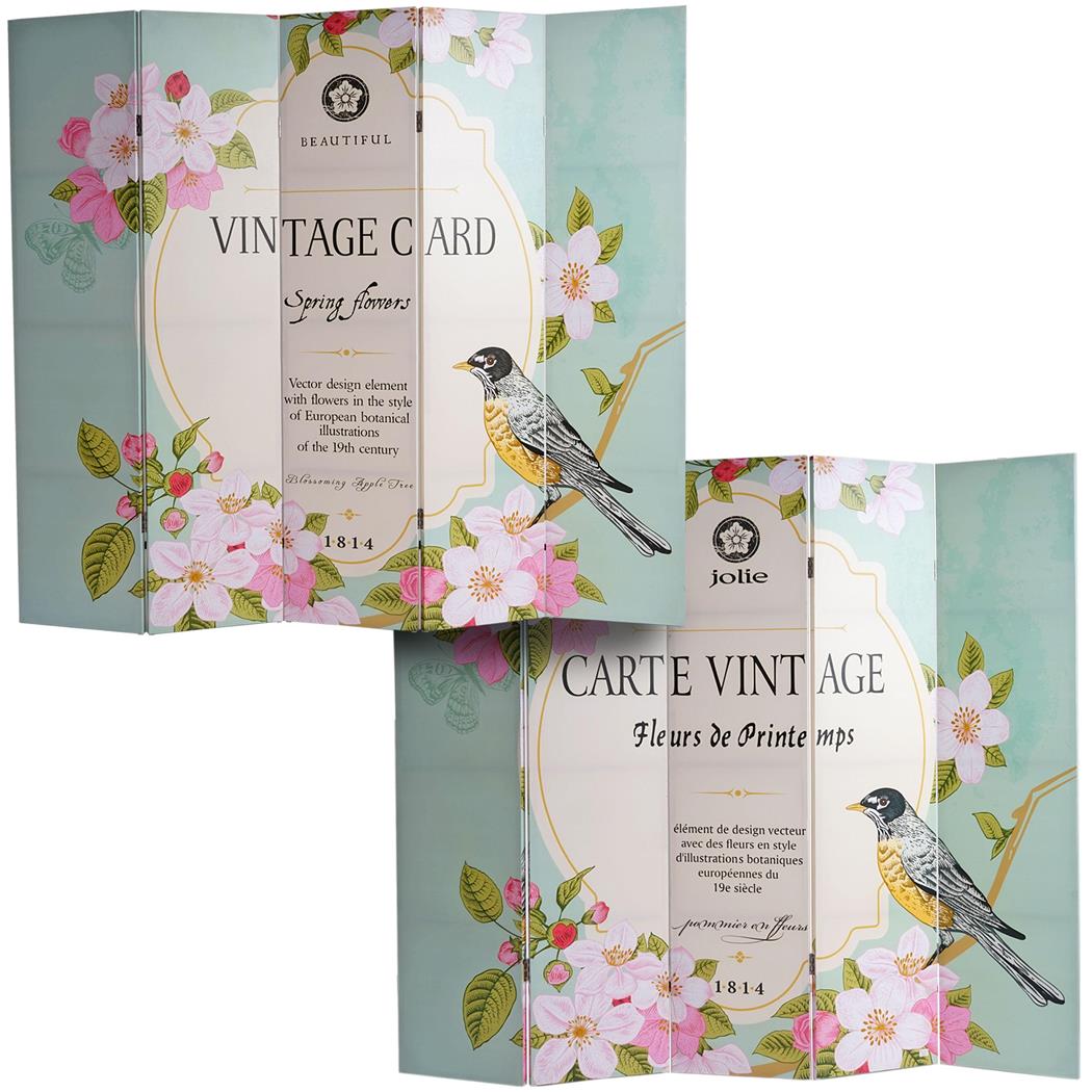 Scheidingswand 5 panelen VINTAGE VOGELS, 180x200x2,5cm, Houten Structuur