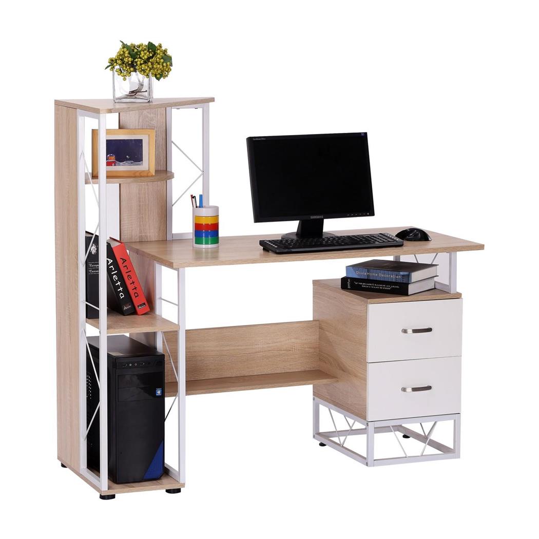 Bureau SILVANO, met Lades en Legplanken, 133x55x123 cm, in Hout Kleur Wit en Eik