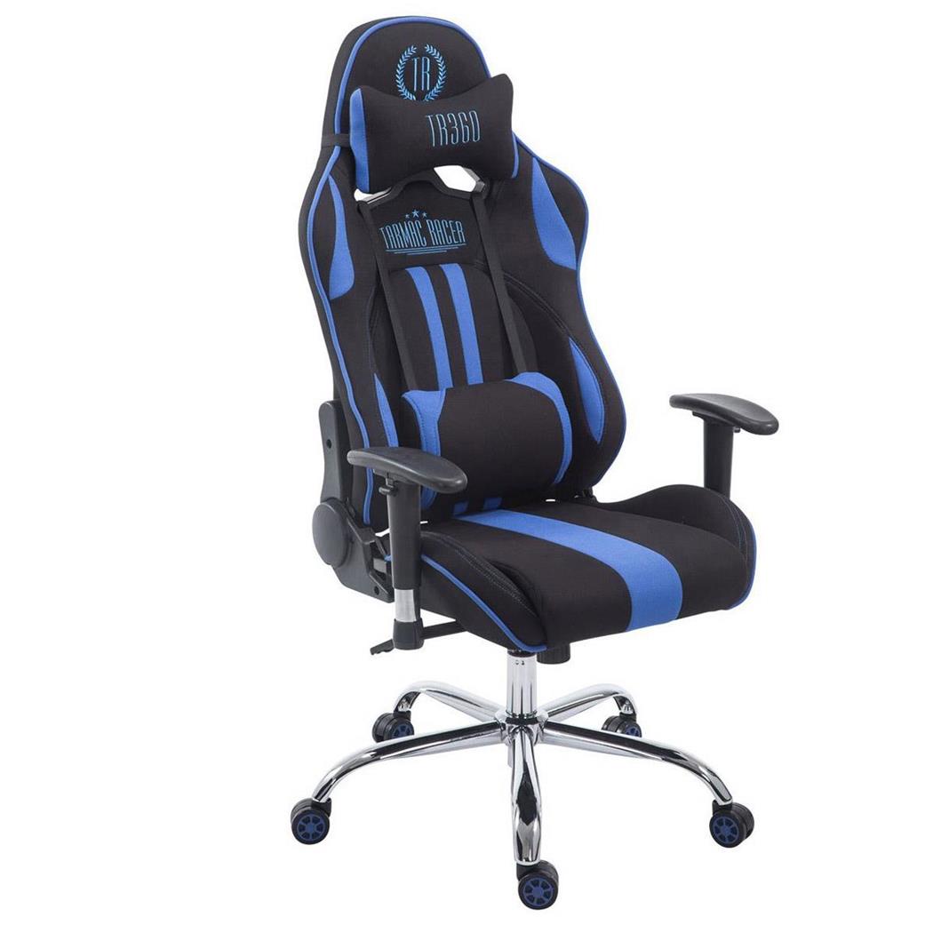 Gamingstoel LOGAN, Kantelbare Rugleuning, Inclusief Kussens, Metalen Onderstel, Stoffen Bekleding in Zwart/Blauw