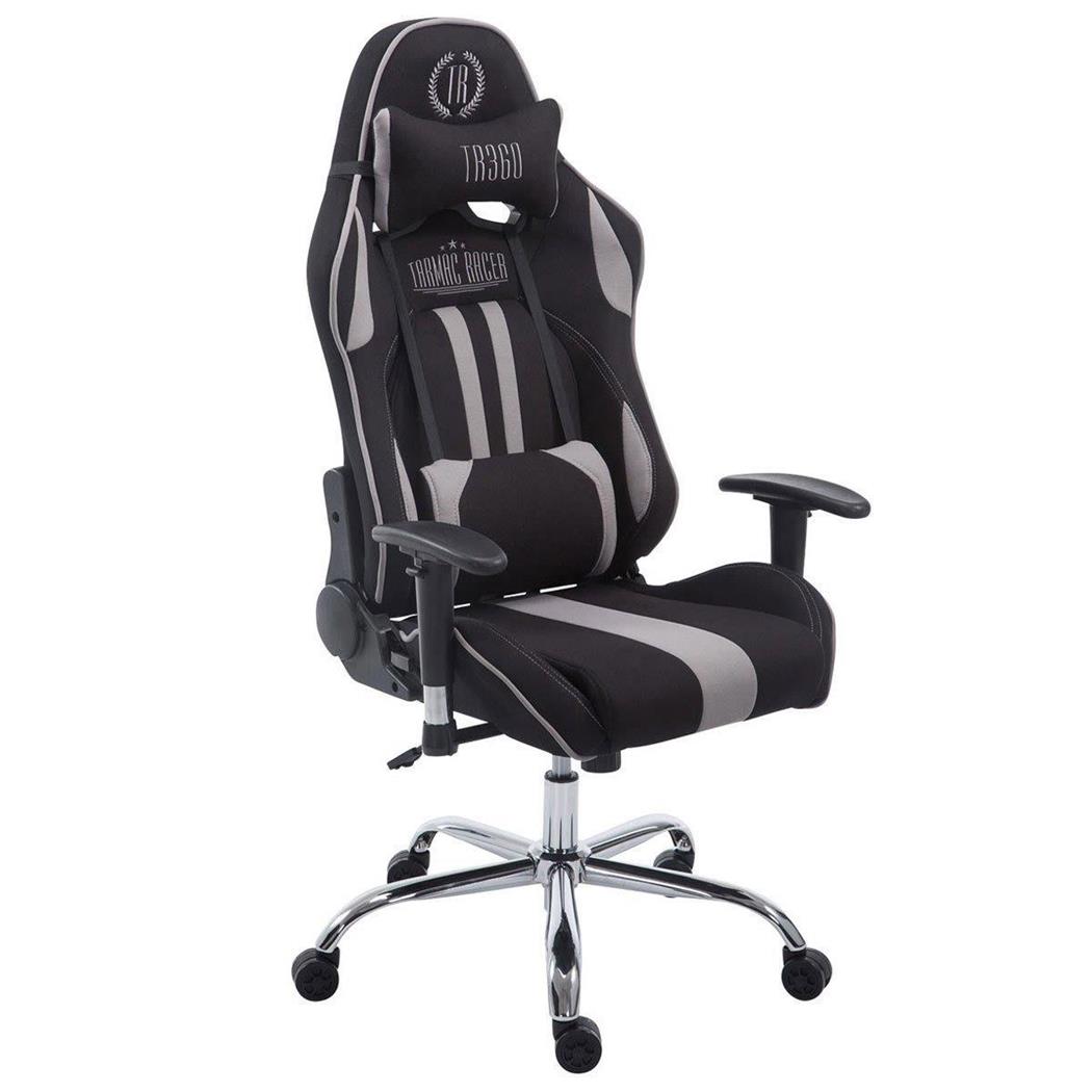 Gamingstoel LOGAN, Kantelbare Rugleuning, Inclusief Kussens, Metalen Onderstel, Stoffen Bekleding in Zwart/Grijs