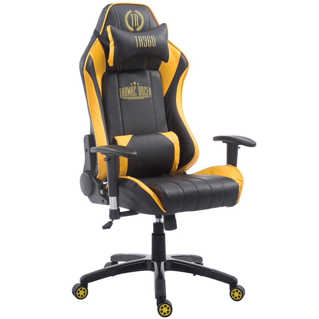 Gamingstoel TURBO, Verstelbare Rugleuning, Lumbaal- en Cervicaalkussen, in Zwart/Geel Leder