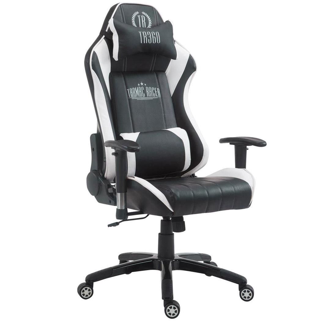 Gamingstoel TURBO, Verstelbare Rugleuning, Lumbaal- en Cervicaalkussen, in Zwart/Wit Leder