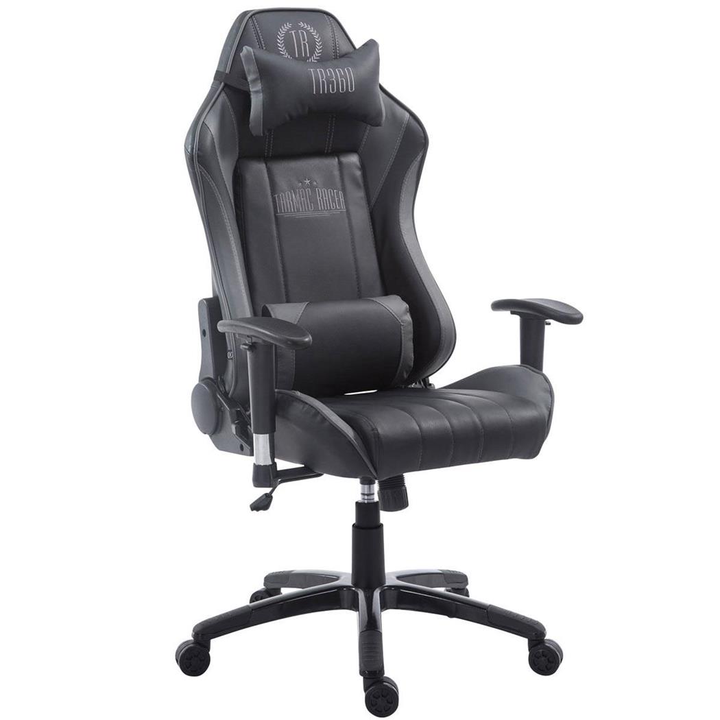 Gamingstoel TURBO, Verstelbare Rugleuning, Lumbaal- en Cervicaalkussen, in Zwart/Grijs Leder