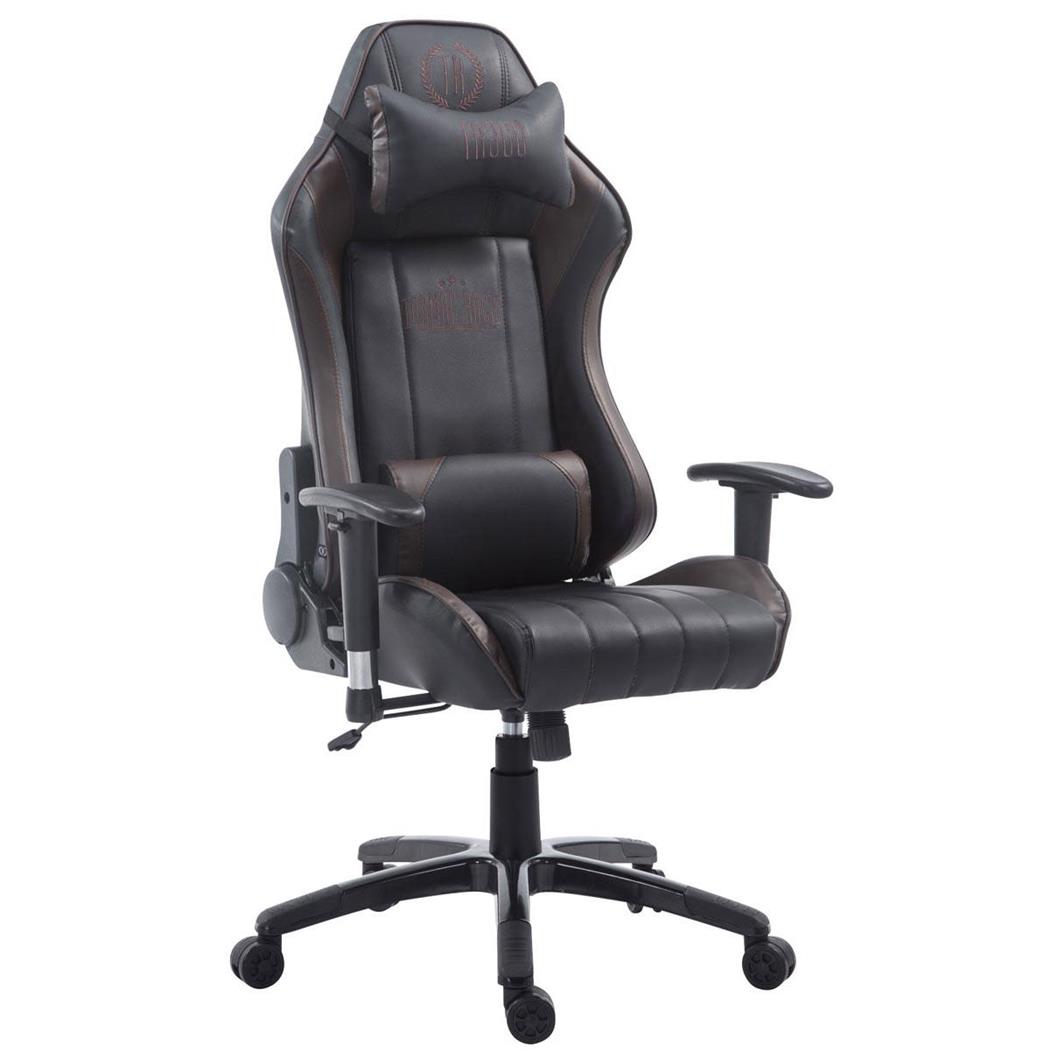 Gamingstoel TURBO, Verstelbare Rugleuning, Lumbaal- en Cervicaalkussen, in Zwart/Bruin Leder