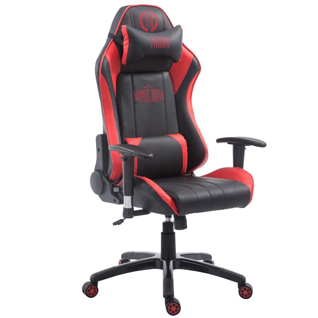 Gamingstoel TURBO, Verstelbare Rugleuning, Lumbaal- en Cervicaalkussen, in Zwart/Rood Leder