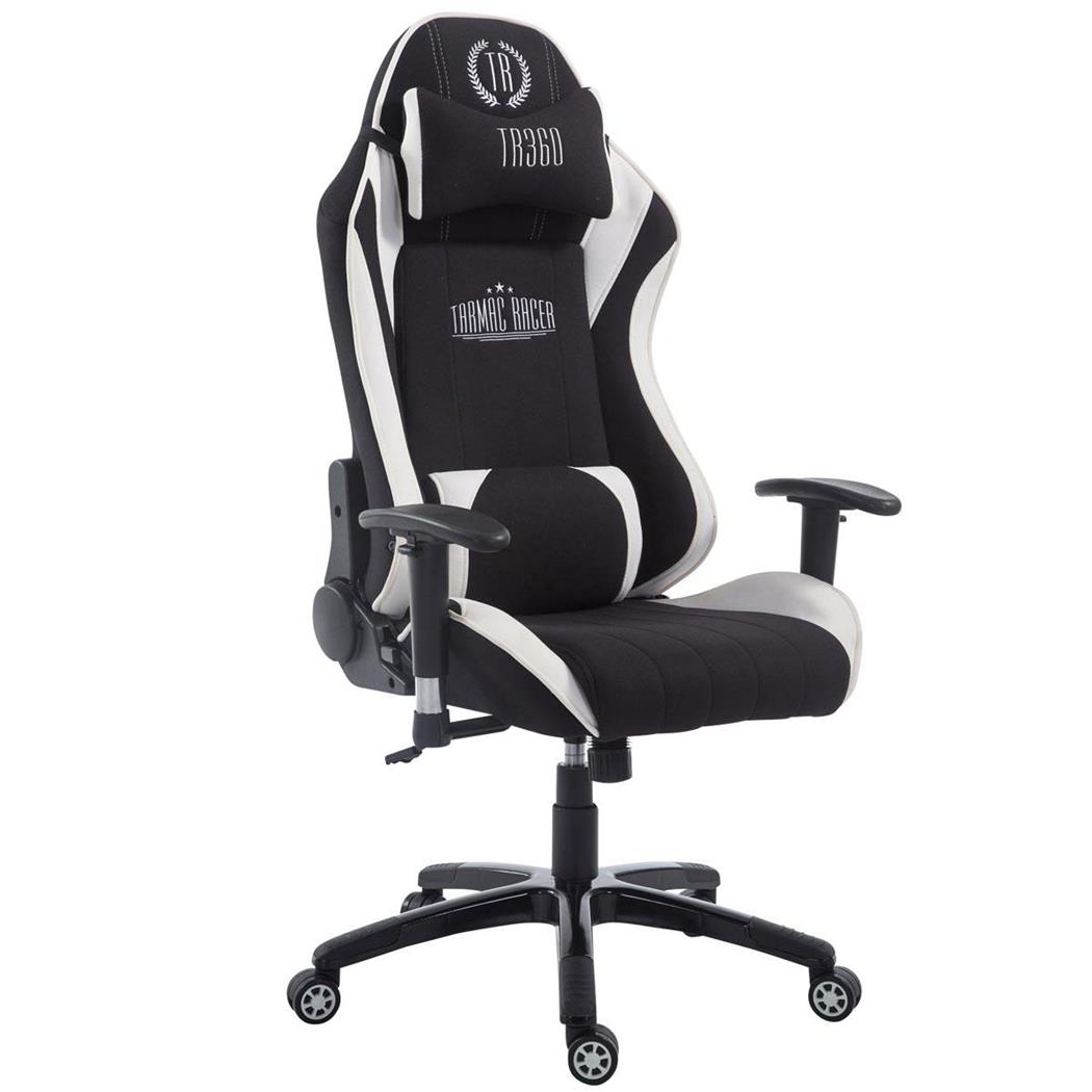 Gamingstoel TURBO STOF, Verstelbare Rugleuning, Lumbaal- en Cervicaalkussen, in Zwart/Wit