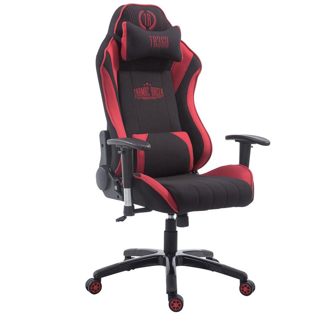 Gamingstoel TURBO STOF, Verstelbare Rugleuning, Lumbaal- en Cervicaalkussen, in Zwart/Rood