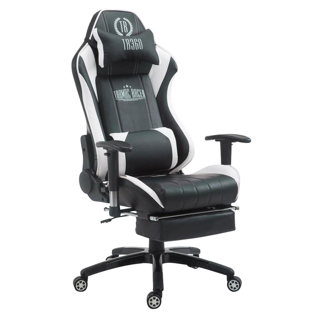 Gaming Bureaustoel TURBO met Voetsteun, Kantelbare Rugleuning, Lumbaal- en Cervicaalkussens, in Zwart/Wit Leder