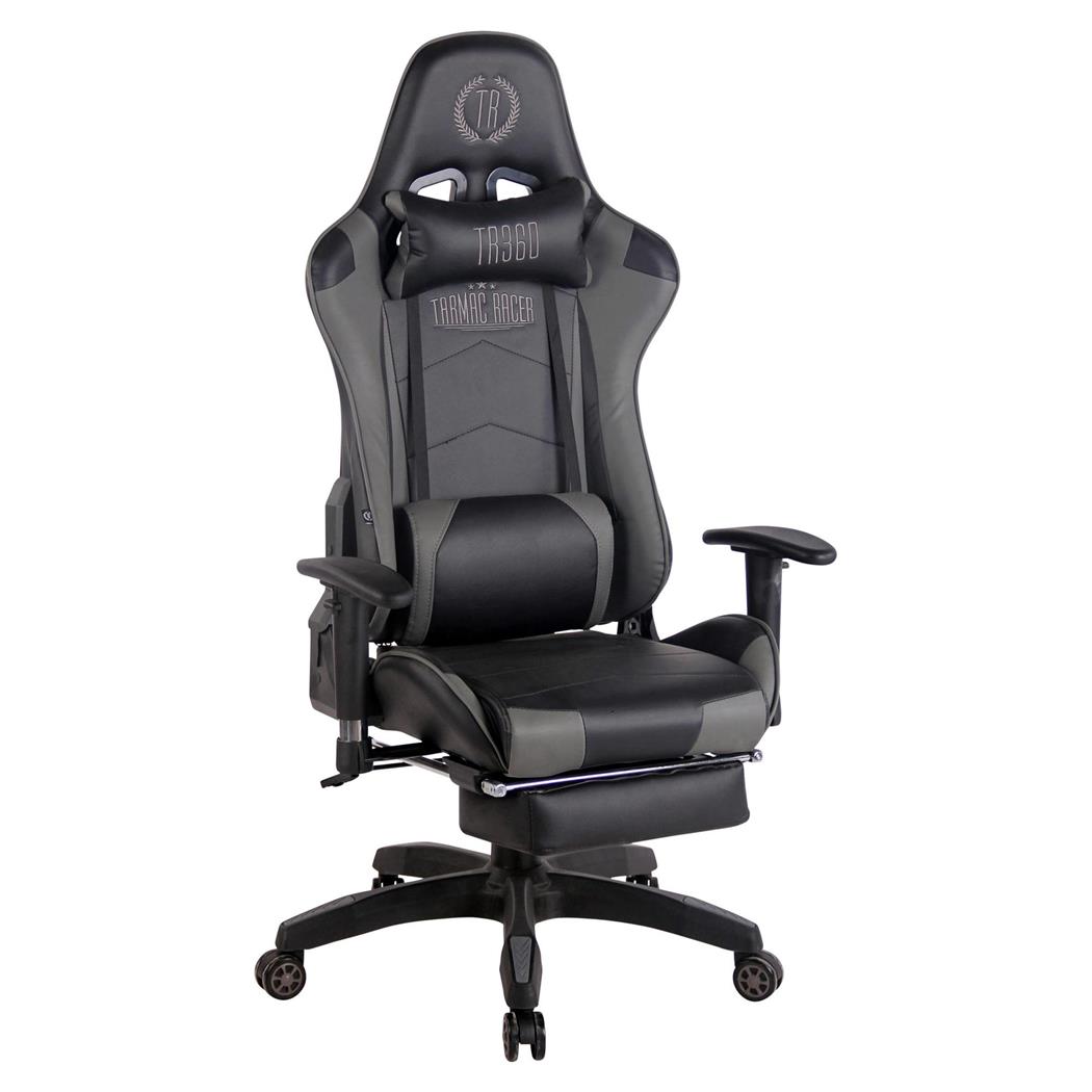 Gaming Bureaustoel TURBO met Voetsteun, Kantelbare Rugleuning, Lumbaal- en Cervicaalkussens, in Zwart/Grijs Leder
