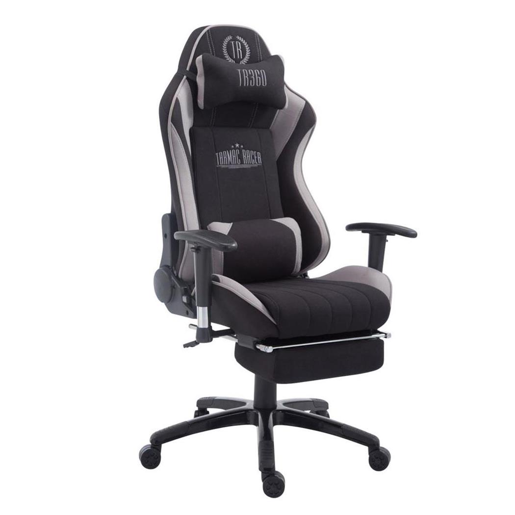 Gamingstoel TURBO STOF, met Voetsteun, Verstelbare Rugleuning, Lumbaal- en Cervicaalkussen, in Zwart/Grijs