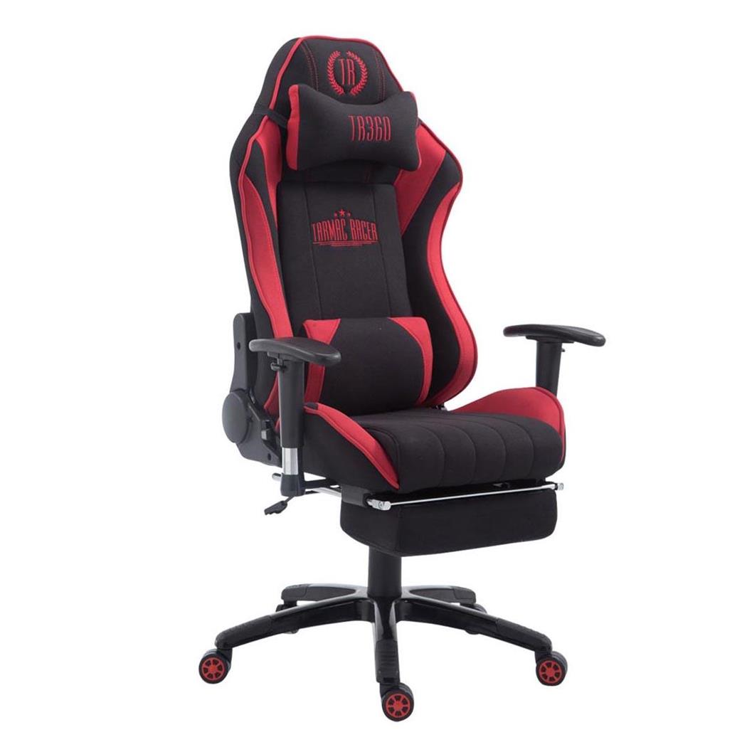 Gamingstoel TURBO STOF, met Voetsteun, Verstelbare Rugleuning, Lumbaal- en Cervicaalkussen, in Zwart/Rood