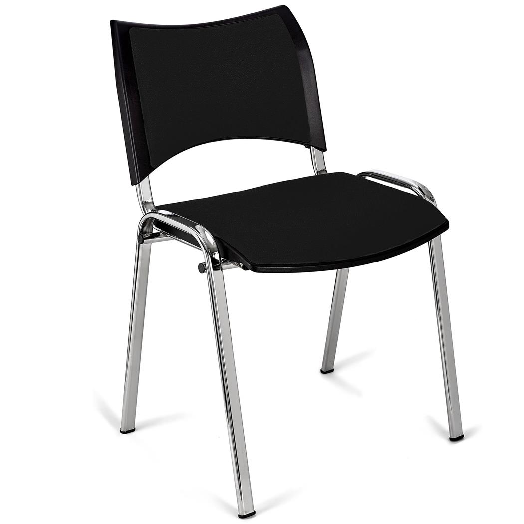 Vergaderstoel ROMEL, Comfortabele Zitting, Stapelbaar, Verchroomde Poten, Zwart Stoffen Bekleding