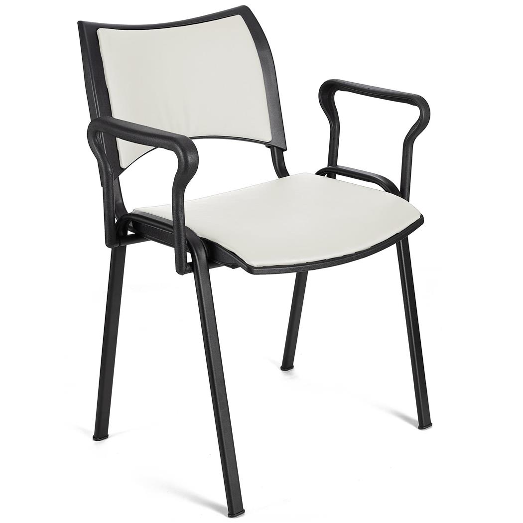 Vergaderstoel ROMEL MET ARMLEUNINGEN LEDER, Comfortabele Zitting, Stapelbaar, Zwarte Poten, Wit