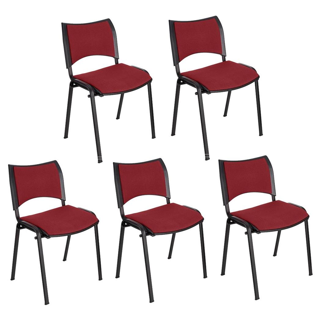 Set van 5 Vergaderstoelen ROMEL, Comfortabele Zitting, Stapelbaar, Zwarte Poten, Bordeaux Stoffen Bekleding